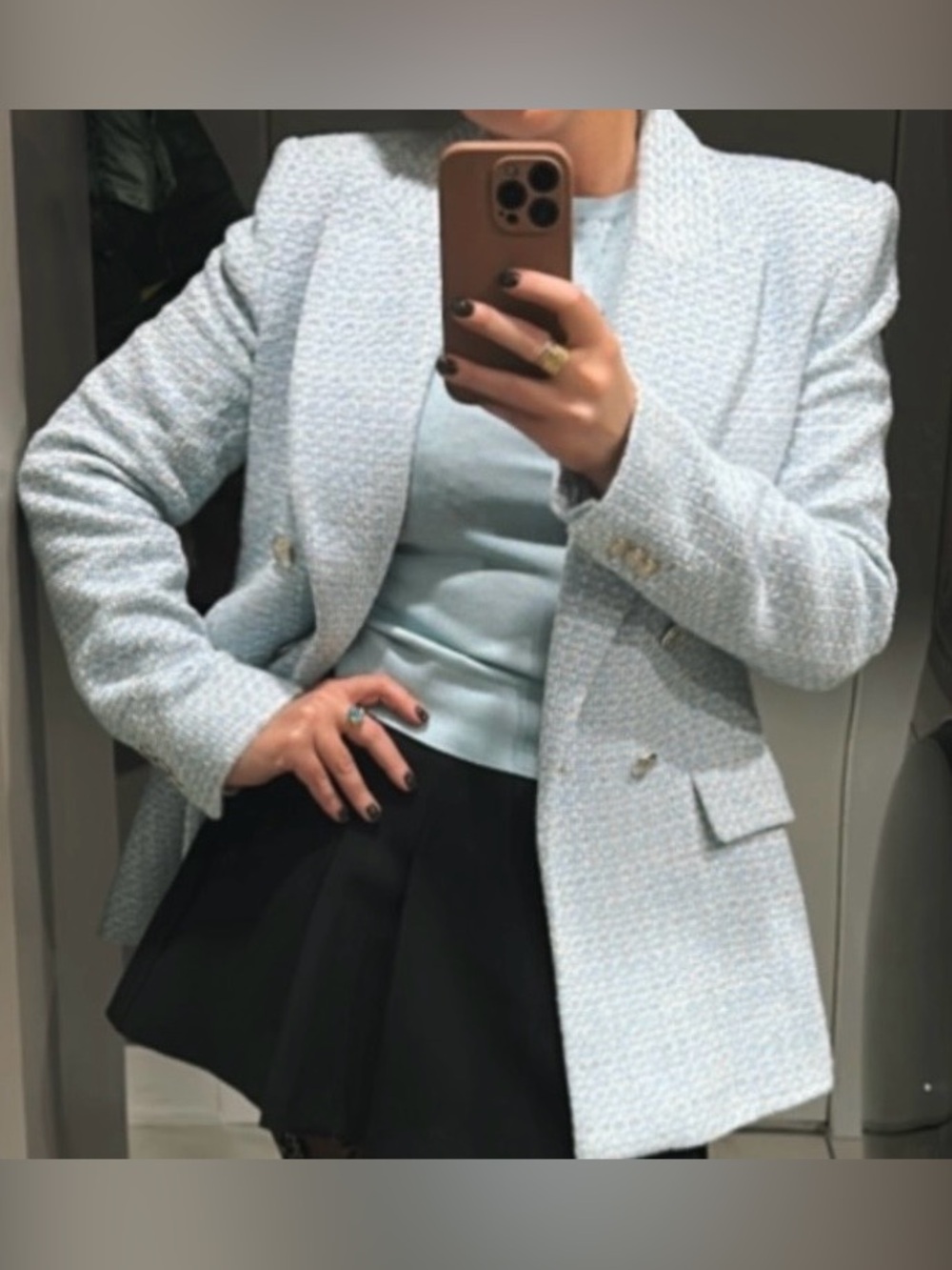 Zara Light Blue Tweed Double-Breasted Blazer